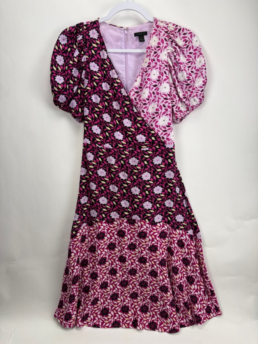 Ann Taylor Floral Patchwork Puff-Sleeve Midi Dress 2P